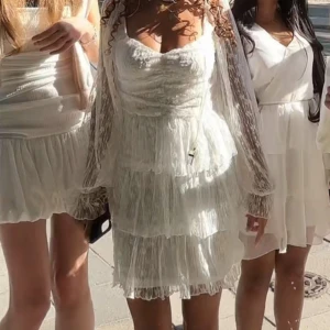 Vit spetsklänning från Bubbleroom - Supersöt vit kortklänning från Bubbleroom med volanger och transparenta spetsärmar. Klänningen har v-ringning, omlottkänsla och flera lager i kjolen som ger en fluffig look. Perfekt för sommarens alla tillfällen!