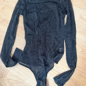 Svart glittrig bodysuit från Streetwear Society - Säljer en svart glittrig bodysuit från Streetwear Society. Bodyn är transparent, har långa ärmar och knäppning i grenen. Perfekt för att skapa en snygg och trendig look med extra glittereffekt.