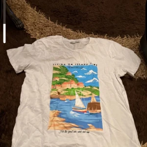 Vit t-shirt med färgglatt tryck - Säljer min vita t-shirt med färglatt tryck som jag köpte från LCW en butik utomlands för 199kr men har använt den ett fåtal gånger samt är den i bra skick och säljer för 50kr 