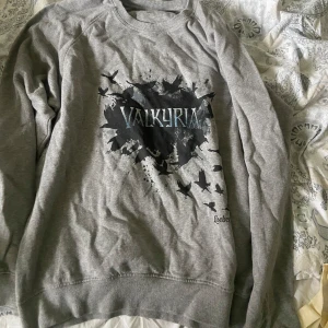 Grå sweatshirt med Valkyria-tryck från Liseberg - Säljer en grå sweatshirt från Liseberg med stort svart tryck och texten 'Valkyria' på bröstet. Tröjan har rund halsringning och långa ärmar. Perfekt för dig som gillar myskläder med coolt motiv.