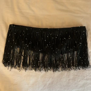 Svart tubtopp med fransar och paljetter - Säljer en svart tubtopp med långa fransar och små paljetter som ger ett glittrigt intryck. Toppen är axelbandslös och har en slät baksida.