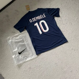 PSG O. Dembélé matchtröja Nike L - Paris Saint-Germain fotbollströja med O. Dembélé och nummer 10 på ryggen. Tröjan är marinblå med röd och vit randig detalj framtill, PSG-emblem på bröstet och Qatar Airways som sponsor. Tillverkad i lätt och ventilerande material, perfekt för fotbollsplanen.