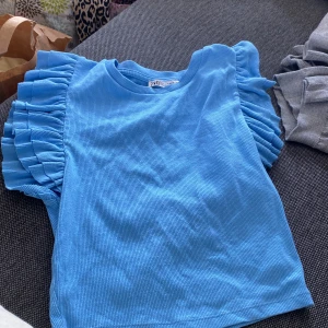 Blå volangtopp från Zara - Supersöt blå topp från Zara med ribbad struktur och stora volangärmar som ger en riktigt cool look. Perfekt för dig som vill sticka ut lite extra! Toppen är ärmlös med breda axelvolanger och har en rund halsringning.
