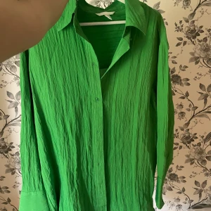 Grön skjorta med krinklad struktur - Säljer en grön skjorta, perfekt för dig som vill sticka ut me färg! Skjortan har en krinklad struktur, knäppning framtill i en lång oversize modell. Snygg men kommer inte till användning:) 