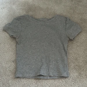 Grå ribbad t-shirt - En enkel och stilren grå ribbad t-shirt med korta ärmar och rund halsringning. Perfekt basplagg som passar till det mesta och är lätt att matcha med andra kläder.