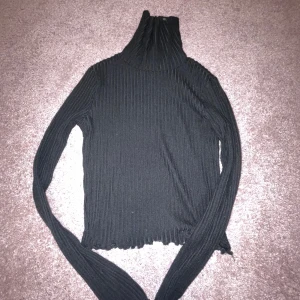 Svart ribbad polotröja från Gina Tricot - Säljer en svart ribbad polotröja från Gina Tricot. Tröjan är tight och har långa ärmar samt hög polokrage. Den går alltså upp till halsen Perfekt att styla med jeans eller kjol för en snygg look.