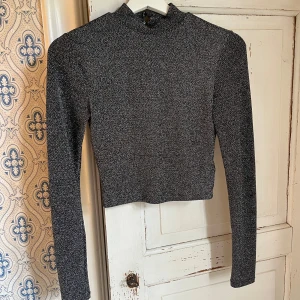 Glittrig croppad långärmad topp - Säljer en glittrig svart och silver croppad topp med lång ärm och hög hals. Toppen har en snygg öppen rygg med knapp i nacken och sitter tight. 