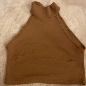 Brun halterneck topp från Boohoo - Säljer en snygg brun halterneck topp från Boohoo med hög krage och ärmlös design. Toppen har asymmetrisk skärning och är croppad, perfekt att styla med höga jeans eller kjol. Materialet känns mjukt och stretchigt för en bekväm passform.
