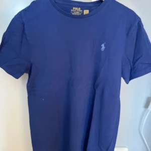 Blå t-shirt från Polo Ralph Lauren - Säljer en stilren blå t-shirt från Polo Ralph Lauren. Den har en liten broderad logga på bröstet och är tillverkad i mjuk bomull. Perfekt för en avslappnad stil.