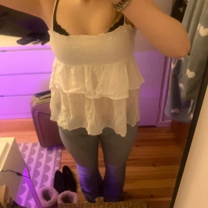 Vit ärmlös topp från Gina Tricot - Säljer en söt vit ärmlös topp från Gina Tricot. Toppen har en smockad överdel och volanger som ger en luftig och somrig känsla. Perfekt för varma dagar eller som ett lager under en jacka. 🕶️ Använt några gånger.