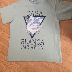 Ljusgrön t-shirt från Casablanca med svanmotiv - Säljer en ljusgrön t-shirt från Casablanca Tennis Club med tryck av en svan och texten 'Casa Blanca Par Avion' på framsidan. T-shirten har rund hals och korta ärmar. Perfekt för dig som gillar stilrena och unika prints.