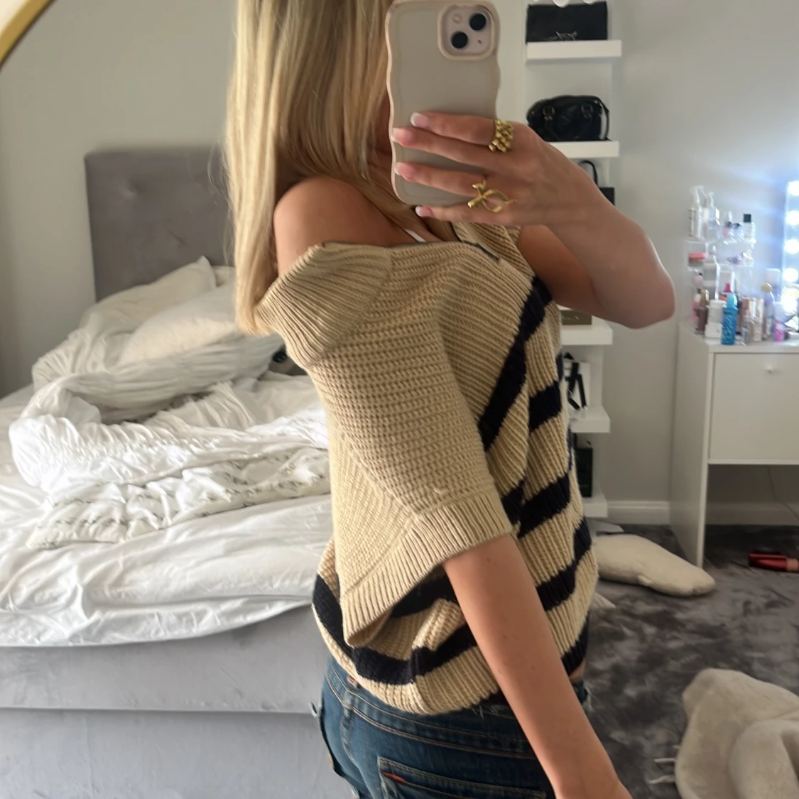 Beige stickad randig tröja med half zip - 1