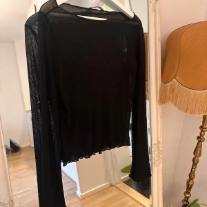Svart mesh topp med lång ärm - Säljer en svart mesh topp med lång ärm och lätt rynkad struktur. Toppen är genomskinlig och har en rak passform med vågig kant nertill. Perfekt att styla lager på lager eller med ett snyggt linne under.