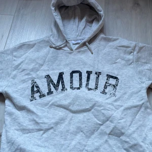 Grå hoodie från Gina Tricot - Säljer en grå hoodie från Gina Tricot med texten 'AMOUR' i svart på framsidan och en stjärna på baksidan. Hoodien har en bekväm passform och en justerbar huva med dragsko. Perfekt för en avslappnad stil.🩶