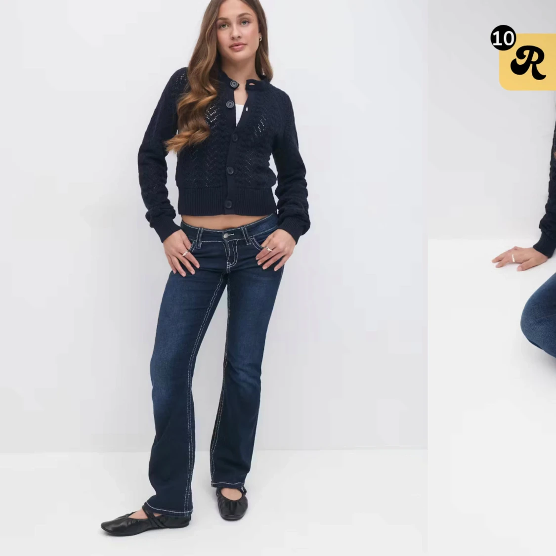 Mörkblå bootcut jeans med vita sömmar - 2