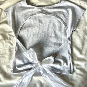 Grå topp med knyt från Subdued - Superfin ljusgrå topp från Subdued med korta ärmar och snygg öppen rygg som knyts med ett brett vitt band. Toppen har en enkel, stilren look framtill och cool detalj baktill som gör den unik. Perfekt för dig som gillar trendiga och bekväma plagg. Köpt för ca 250kr. Säljer då den inte kommer till användning❣️