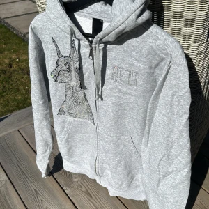 Bvaldi Hoodie (BV) med glittrig hundmotiv - Säljer en snygg grå zip-hoodie med en glittrig hundmotiv på framsidan och texten 'DOPE DOG' på baksidan.  Hoodien är i okej skick men några stenar har släppt (kan se på bild 4)🌸🌸🥰 Tröjan passar mig S/XS✨