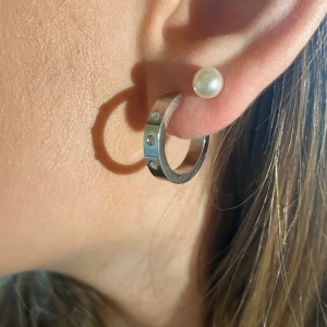 Silverfärgade örhängen med pärldetalj - Använda enbart på bilden. Jag fick de i julklapp men är guld tjej så valt att inte behållt de. De kostar i original pris 2000kr då det är äkta silver. Väldigt fina att ge till någon i present vid olika tillfällen! Hoppas någon är intresserad! Ni når mig här eller på 0724548303😊