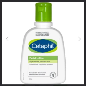 Cetaphil Facial Lotion 118 ml - Cetaphil Facial Lotion är en lätt, icke-fet ansiktslotion som återfuktar i upp till 48 timmar. Innehåller avokadoolja, niacinamid, pantenol och vitamin E. Perfekt för torr till normal och känslig hud. Kommer i en vit plastflaska med grön pump. Har använt en gång men passade ej min hud
