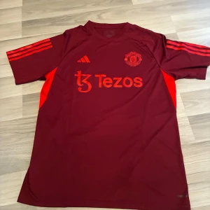 Manchester United tränings-tshirt Adidas L - Snygg Manchester United tränings-tshirt från Adidas i vinröd med röda detaljer och logga. Kortärmad modell i funktionsmaterial, perfekt för fotbollsträning. Tezos sponsortryck på bröstet och klassiska Adidas-ränder på ärmarna.