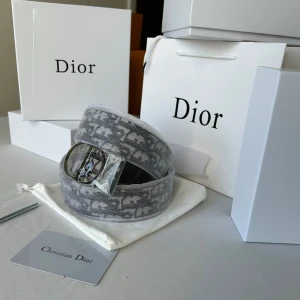 Dior bälte  - Snyggt Dior bälte med ikoniskt monogrammönster och stor CD-spänne i silver. Finns i både ljusgrått och svart med vita detaljer. Bältet är brett och tillverkat i textil med skinn på insidan. Perfekt accessoar för att lyfta din outfit med lyxig känsla.