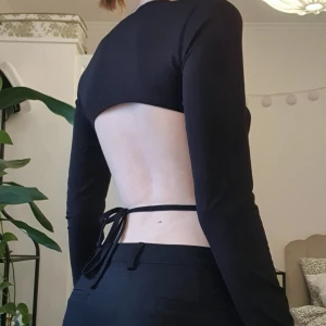 Svart långärmad topp med öppen rygg - Säljer en svart långärmad topp med hög hals och croppad passform. Toppen har en riktigt snygg öppen rygg med knytband i midjan som ger en cool och trendig look. Perfekt för dig som vill sticka ut och visa lite hud.