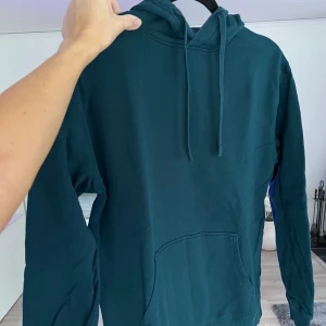 Grönblå hoodie - En blågrön hoodie med ficka framtill och justerbar huva med snören. Tröjan har långa ärmar och ribbade muddar vid ärmslut och nederkant. Väldigt bra skick, använd ett fåtal gånger. Önskar du veta exakta mått? Tveka inte att höra av dig!