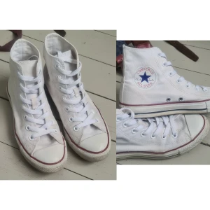 Converse high top vita 37,5 - Knappt använda, men tyget är lite smutsigt (generellt och några små gula fläckar) och gummit lite missfärgat. Öljetterna har målats vita med nagellack.