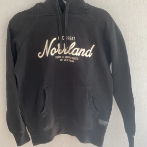 Svart hoodie från Sqrtn Company - Säljer en svart hoodie från Sqrtn Company med texten 'The Great Norrland' tryckt på framsidan. 
