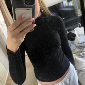 Svart ribbad polotröja från Guess - Säljer en svart ribbad polotröja från Guess. Tröjan är tight och har lång ärm samt hög krage. Perfekt till lager-på-lager och funkar lika bra till jeans som kjol. Materialet är mjukt och stretchigt, vilket gör den superbekväm.