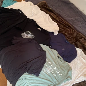 T-shirt paket med GANT, H&M och print - Säljer ett paket med sex t-shirts i olika färger och stilar. En marinblå GANT med broderad logga, två vita från H&M och 157, en svart med Lone Wolf-tryck från Bell, en svart basic från 157 och en mintgrön med Malaga-print från VRS. Alla har rund hals och är kortärmade, perfekta för chill och häng.en mörkblå newborn t shirt i stolen M och en lager vit 157 i storlek M rästen är storlek S 700kr nypris för allt mitt pris 50kr
