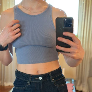 Blå ribbad linnetopp från Zara - Säljer en snygg blå ribbad linnetopp från Zara. Toppen är croppad och har en tight passform. Kommer inte till användning hos mig! Säljer också i rosa och gult.