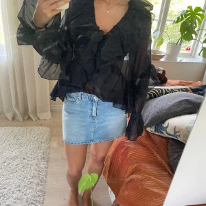 Svart volangblus med transparent tyg - Säljer en svart blus med volanger och transparent material. Blusen har långa ärmar och v-ringning,   