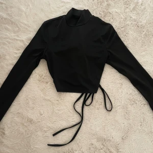 Svart croppad topp med snörning - Säljer en svart croppad långärmad topp med hög hals och snygg snörningsdetalj i ryggen. Perfekt för dig som gillar trendiga och stilrena plagg med en twist. Toppen har en tight passform och långa band för att knyta baktill.