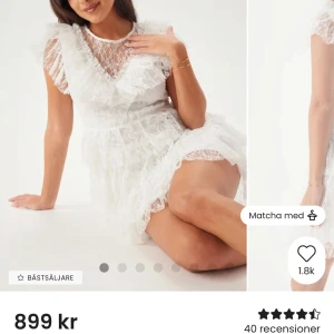 Vit sommarklänning - Supersöt vit klänning med volanger och spetsdetaljer. Klänningen är använd endast en gång, köpte till konfa förra sommarn och säljer då den inte används💕