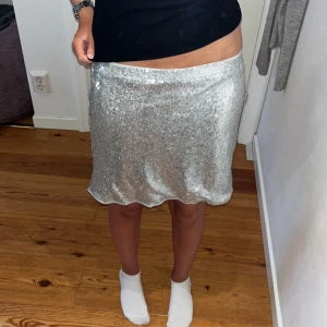 Silverglittrig kjol från Gina Tricot - 164/XS. Snygg kortkjol från Gina Tricot i silver med massor av paljetter som glittrar. Kjolen har rak passform och är perfekt när du vill sticka ut. Supersnygg att matcha med en enkel topp för en cool look.