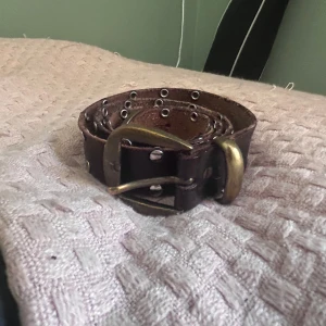 Brunt nitsbälte med metallspänne - Säljer ett brunt bälte i skinn med silverfärgade nitar och ett guldigt metallspänne. Bältet är köpt på secondhand och är typ 91cm.