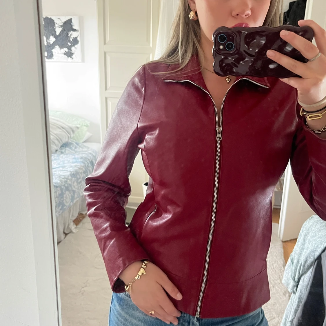 Vinröd skinnjacka  - 3