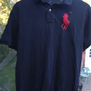 Svart pikétröja från Ralph Lauren - Klassisk svart pikétröja från Ralph Lauren med stor röd broderad logga på bröstet och knappar vid halsen. Perfekt för en stilren och sportig look. Kontakta mig gärna om du skulle ha några funderingar. Pris kan diskuteras. 