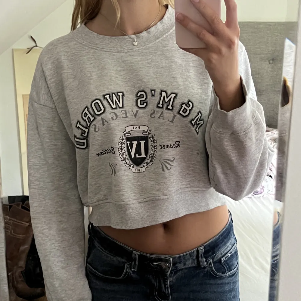 Super snygg croppad grå sweatshirt med tryck. Begagnat skick, men inga fläckar eller hål! Storlek XXL🫶💕. Toppar.