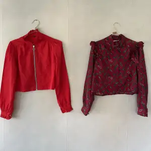 Två st skjortor i olika form. Paisley mönstrad med knappar och volang axlar. Röd mönstrad med dragkedja och puffärm. Köp gärna ihop. St pris 60kr  Kroppade 