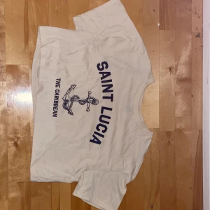 Beige cropped t-shirt - Det är en kort beige t-shirt med mörkblått tryck 