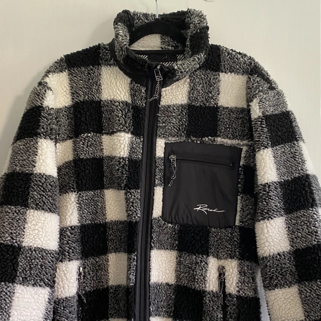 black & white checkered zipped teddy jacket  - 90