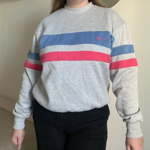 Grå hoodie  - Grå hoodie med rosa och blåa ränder som jag tidigare köpt på secondhand. Den är väldigt skön och är mjuk på innsidan. 