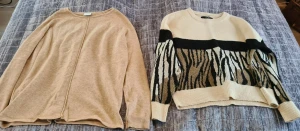 Stickade tröjor - Begagnat 2 stickade tröjor i jättebra secondhand skick. Den dova aprikosa är från Vila, rakare modell med resår utanpå, storlek Large. Den mönstrade är köpt på Vero Moda, knappt använd och i storlek Large. 100 kr styck.