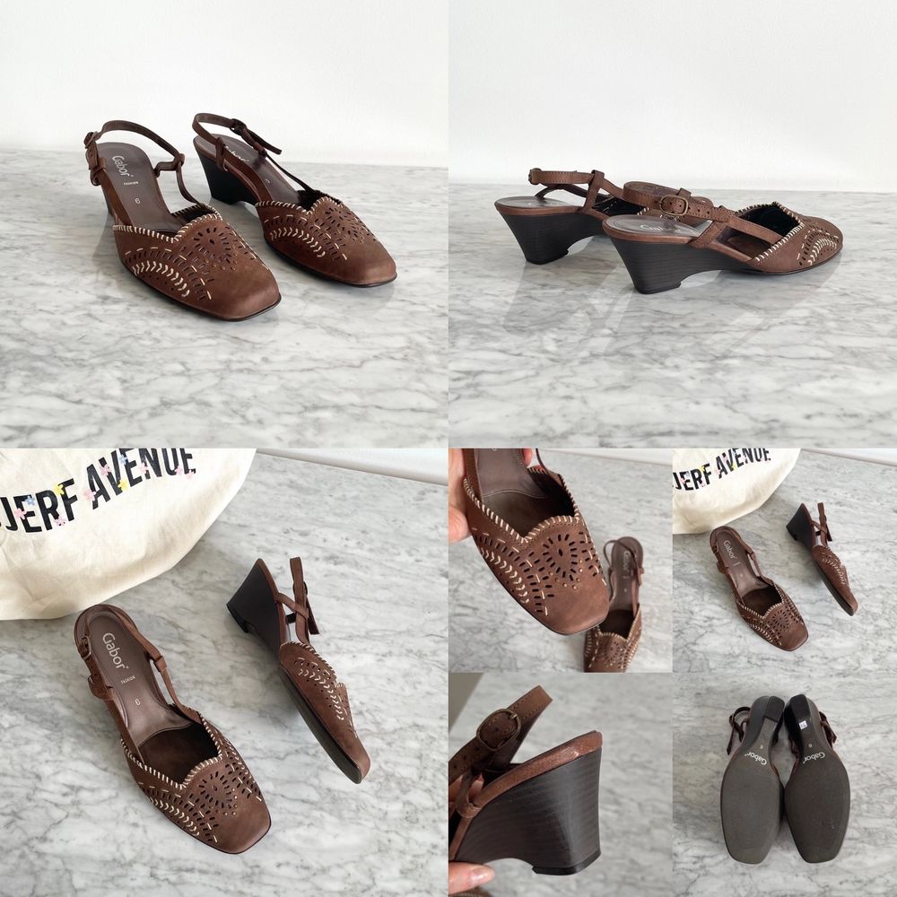 Vintage 90s 00s Y2K real leather square toe wedge sandals / wedges in brown size 38 - 39  Few tiny scratches here and there, but nothing major. Cleaned. Label: 6. Fit best 39. Can fit 38-38,5 as well. Heels: ca 6,5 cm. No returns.. Skor.