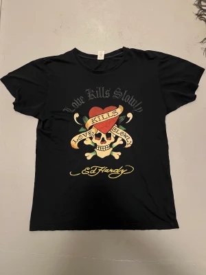 Ed Hardy tshirt - Super fet ed-hardy tshirt i väldigt bra skick, finns ett pyttelitet hål på baksidan. Dock ej märkbart eller något som påverkar bärandet. Storlek M Pris 350kr  +frakt (69kr)