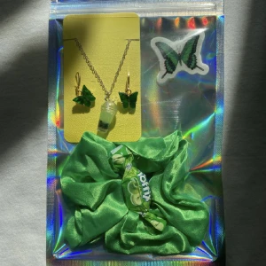 Grön kitt  - 65kr och jag står för frakten ☺️ett par gröna fjärils örhängen och boba halsband med en scrunchie 💚