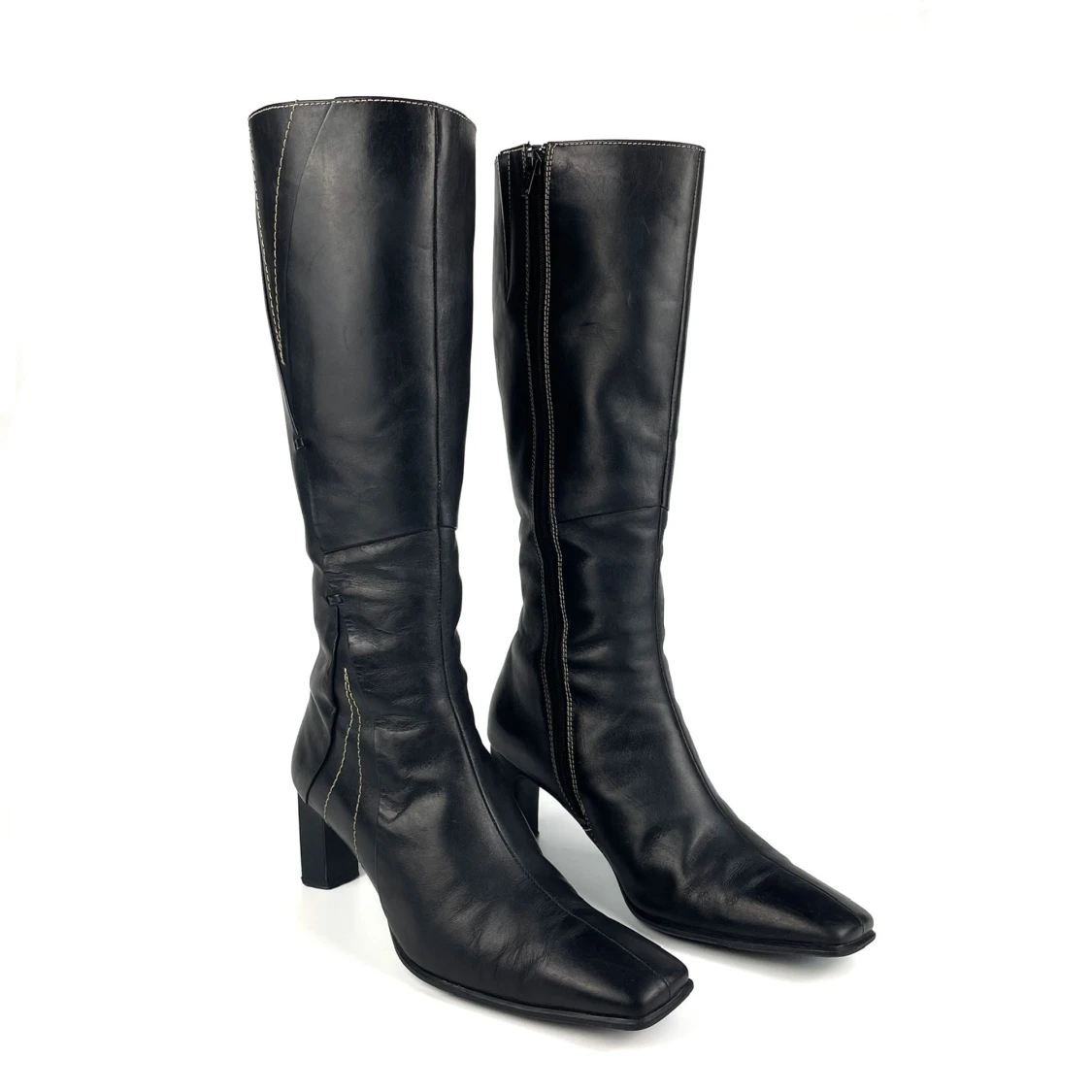 Vintage Y2K 90s 00s OSCANIA real leather square toe block heel knee high boots in black size 37 - 37,5 EU