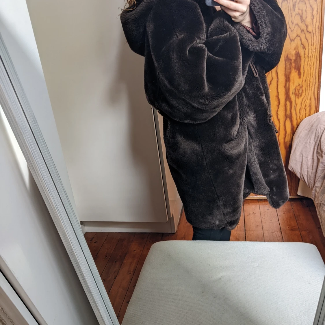 Faux fur jacket jacka hood - 90